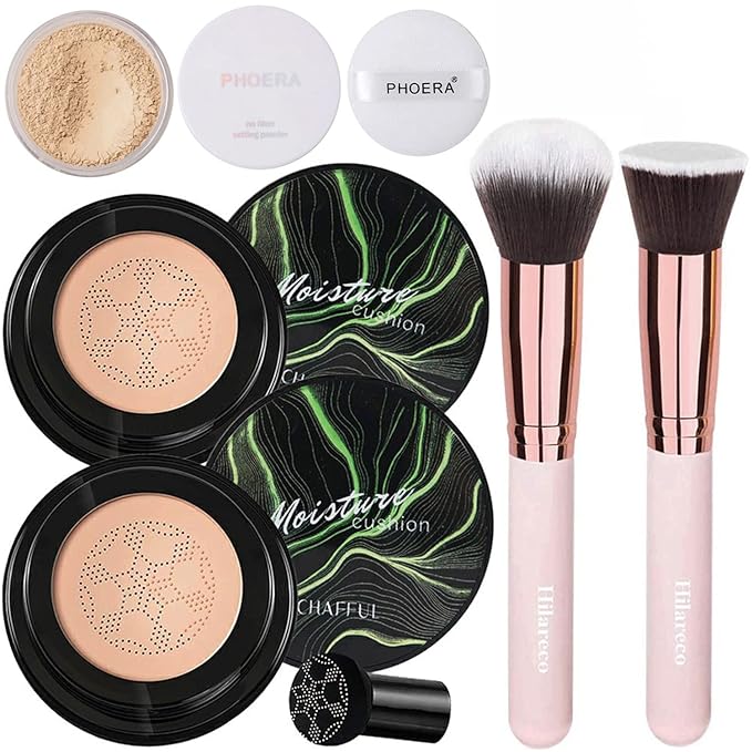 Mushroom Head Air Cushion CC Cream Natural Foundation,Phoera Powder, Bright Makeup Base Long Lasting with Makeup Sponge and Flat Top Kabuki Foundation Brush (#03 Warm Nude)-VivaGrace Women