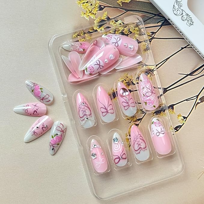 24Pcs Pink Bow Press on Nails Medium Almond Fake Nails Romantic Rose with Sparkly Pearl Design Heart False Nails Spring Summer Stick on Nails Handmade Full Cover Artificial Glue on Nails for Women DIY