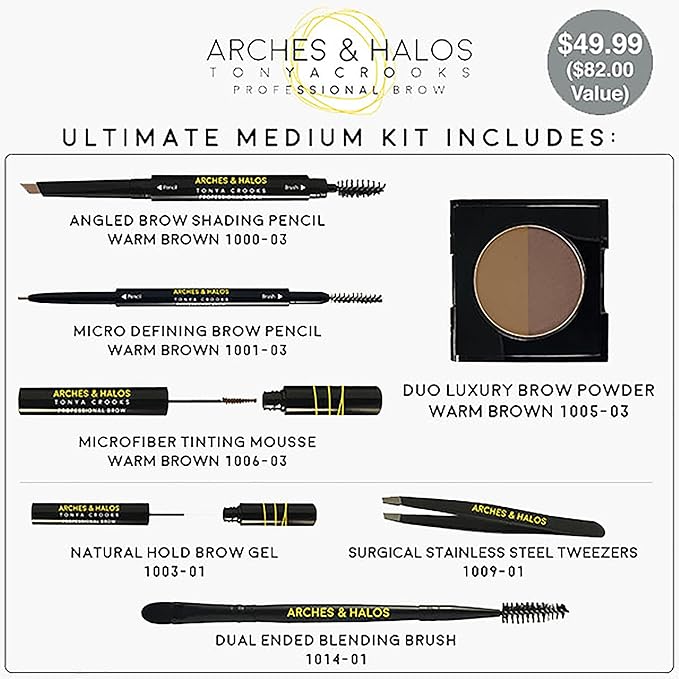 Arches & Halos - Ultimate Brow Hero Kit - Eyebrow Styling Makeup Kit, Pencil, Gel, Shading, Powder, Mousse, Natural and Bold Precise Brow Shaper - Hypoallergenic, Vegan - 7 Pc Kit, Medium-VivaGrace Women