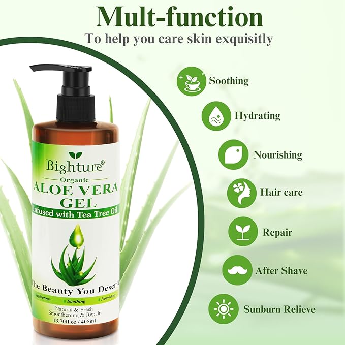 Aloe Vera Gel with Tea Tree Oil for Face, Skin, Hair, Sunburn relief, Organic Aloe Vera Gel from Freshly cut 100% Pure Aloe,13.7oz-VivaGrace Women