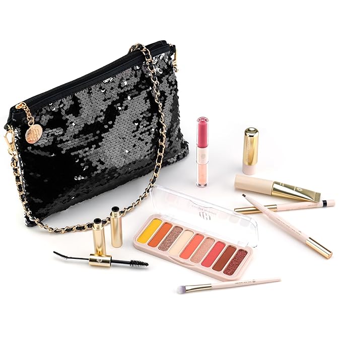 Color Nymph Teen Girls Makeup Kits, Makeup Kit For Girls All In One Makeup Sets For Women With Sequin Bag Packed Individually 9 Colors Eyeshadow Palette Lip Gloss Eyeliner Mascara -Orange Pink-VivaGrace Women