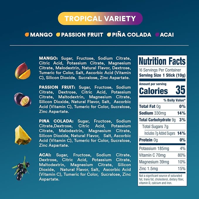 DripDrop Hydration Packets - Tropical Variety Pack - Single Serve Electrolytes Powder Drink Mix - Mango, Açaí, Passion Fruit, Piña Colada - Non-GMO, Gluten Free, Vegan - 16 Sticks-VivaGrace Women