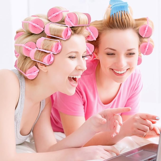 Geyoga 18 Pieces Sponge Hair Rollers Large Soft Foam Hair Styling Curlers Large Size Hairdressing Curlers for Women(1.4 x 2.6 Inches,Pink)-VivaGrace Women