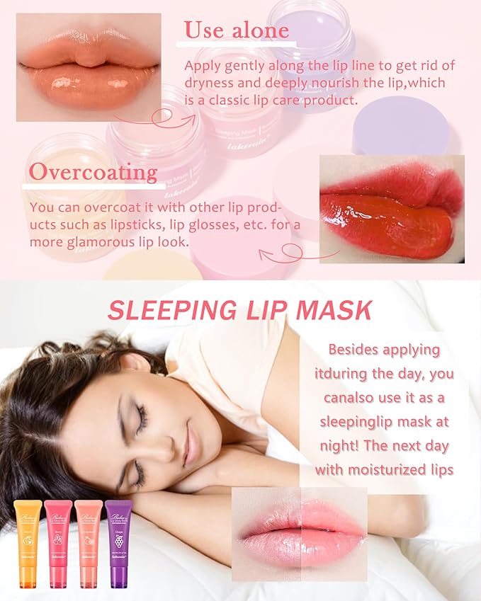 2Pcs Lip Glowy Balm & Lip Sleeping Mask Set,Hydrating Nourishing Repair Sleeping Lip Mask,Glossy Tinted Lip Balm,Day & Night Smooth Cracked Chapped Lip,Lip Care Therapy Treatment for Women-Grapefruit-VivaGrace Women