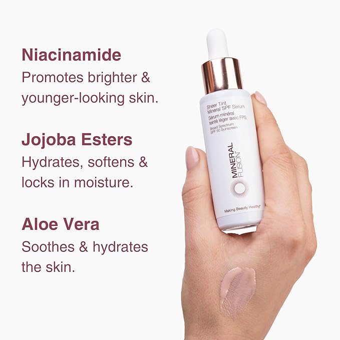 Mineral Fusion Face Serum, Sheer Tint Mineral SPF Serum, 1 Fl Oz, Light, Tinted Broad Spectrum SPF 50 Mineral Sunscreen, Sheer Coverage, Lightweight & Dewy Finish for Glowing, Protected Skin-VivaGrace Women