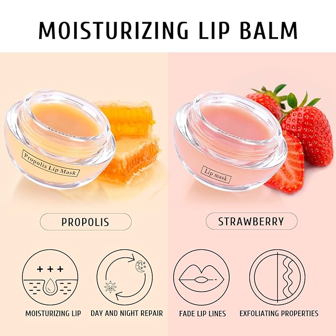 4Pcs Honey Strawberry Lip Balm Honey Pot, Strawberry Lip Sleeping Mask, Overnight Lip Sleeping Mask, Honey Balm Lip Balm Pot, Honey Lip Mask Nourish Lip Scrubs Exfoliator Honey/Strawberry-VivaGrace Women