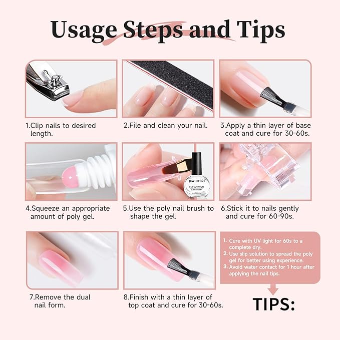 JEWHITENY Poly Extension Gel Nail Set Clear Pink Poly Nail Gel With Slip Solution Base Coat Top Coat French Manicure Need U V Lamp Curing for Finger Art and Home DIY-VivaGrace Women