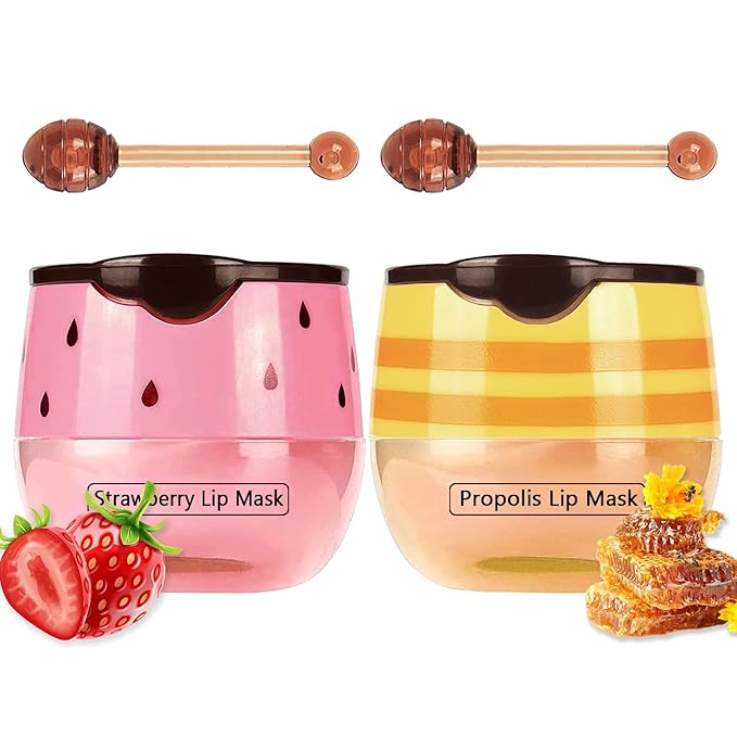 2PCS Bee Lip Balm Honey Pot & Strawberry Vitamin E Lip Sleep Masks Hydrating Prevention Dry and Cracked Lip Scrubs Exfoliator, Reduces Lip Lines,Lip Exfoliating Balm Sleeping Lip Mask-VivaGrace Women