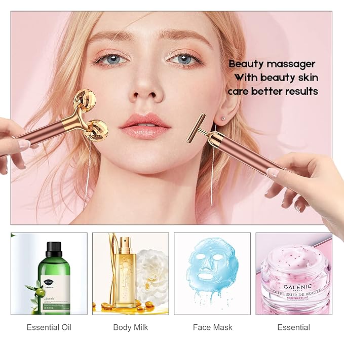2-IN-1 Beauty Bar 24k Golden Pulse Facial Face Massager, Electric 3D Roller and T Shape Arm Eye Nose Head Massager Facial Roller Massager Kit Skin Care Tools-VivaGrace Women