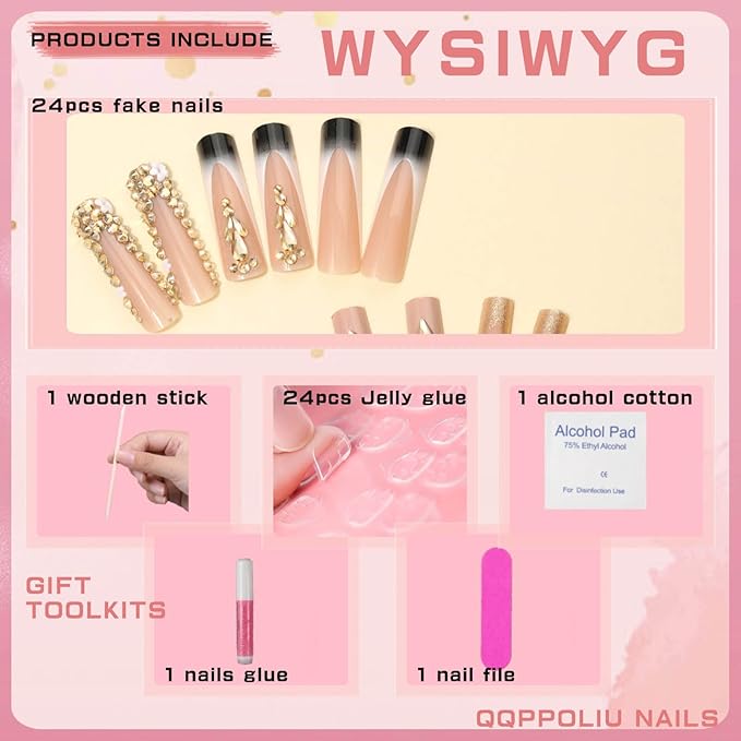 Long Press on Nails Square,Black French Tip False Nails with Glitter Design Hot Girls Nails 24Pcs(Gold & Black)