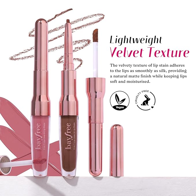 2 PCS Lip Liner and Lip Stain Combo Set, High Pigmented Long Lasting Velvet Lip Tint, Well-Defined Lipliner, Weightless Waterproof Not Animal Tested, Matte Finish Makeup-VivaGrace Women