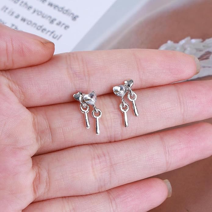 Vintage Crystal Heart Drop Earrings Silver Cz Teardrop Earrings Rhinestone Love Heart Stud Earrings Sparkly Tiny Heart Earrings Jewelry for Women-VivaGrace Women