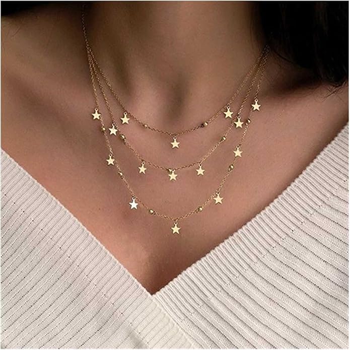Vintage Layered Star Dangle Necklace Star Pendant Necklace Tiny Star Necklace Gold Bead Chain Necklace Jewelry for Women-VivaGrace Women
