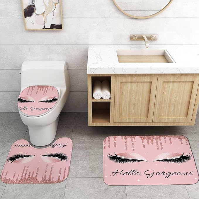 4PCS Hello Gorgeous Unicorn Eyelash Shower Curtain Set Luxury Diamond Rose Gold Glitter Eyeshadow Makeup Pink Glam Beauty Fashion Girly Women Bathroom Decor Non-slip Bath Mat Toilet Rug, Bling-VivaGrace Women
