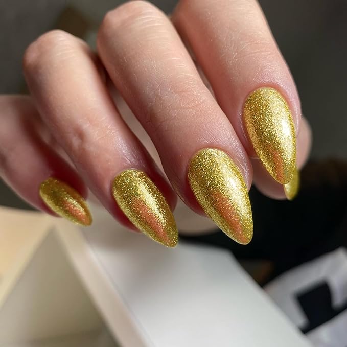 Gold Glitter Press on Nails Medium Almond Shape,KQueenest Iridescent Shimmer Acrylic Fake Nails,Sparkling Gel Nails Press ons,Glossy Flash Glue on Nails Medium False Nails with Designs in 24 PCS