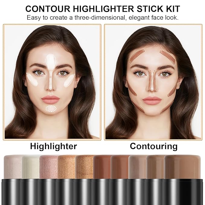 2Pcs Cream Contour Stick Makeup Kit, Cream Highlighter Stick and Bronzer Contour Stick with Longwear Waterproof Formula for Brightening and Trimming the Cheeks, Makeup Brush Include (#03, 09)-VivaGrace Women