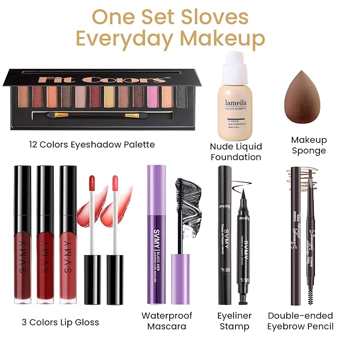 Makeup Gift Set for Teens Girls, Travel Makeup Kit for women, Makeup Full Kit for Beginners & Professionals, Cosmetic Bag Include Matte & Glitter Eyeshadow Palette, Long Lasting Lip Gloss-VivaGrace Women