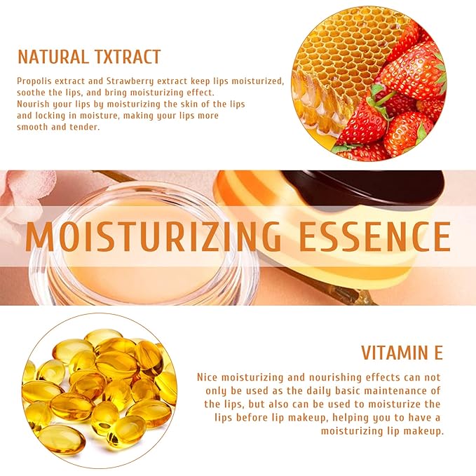 4Pcs Honey Strawberry Lip Balm Honey Pot, Strawberry Lip Sleeping Mask, Overnight Lip Sleeping Mask, Honey Balm Lip Balm Pot, Honey Lip Mask Nourish Lip Scrubs Exfoliator Honey/Strawberry-VivaGrace Women