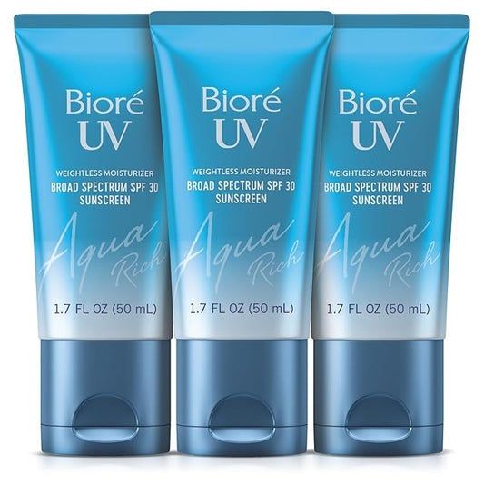 Biore UV Aqua Rich SPF 30 Daily Moisturizer Sunscreen for Face, For Sensitive Skin, Oil Free, Hyaluronic Acid, Vegan, Oxybenzone & Octinoxate Free, Dermatologist Tested, 1.7 Oz, 3pk-VivaGrace Women