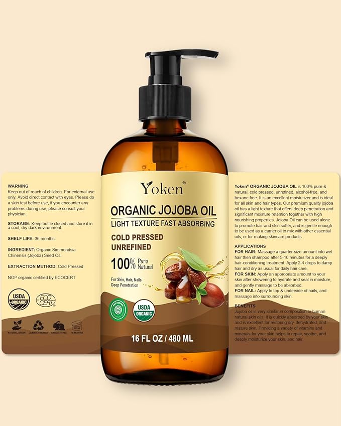Yoken Organic Jojoba Oil Glass Bottle 16 fl oz, USDA Certified 100% Pure & Natural Jojoba Oil for Hair, Skin & Face, Cold Pressed Unrefined Hexane Free, Deeply Moisturizing Body Serum for Gua Sha-VivaGrace Women