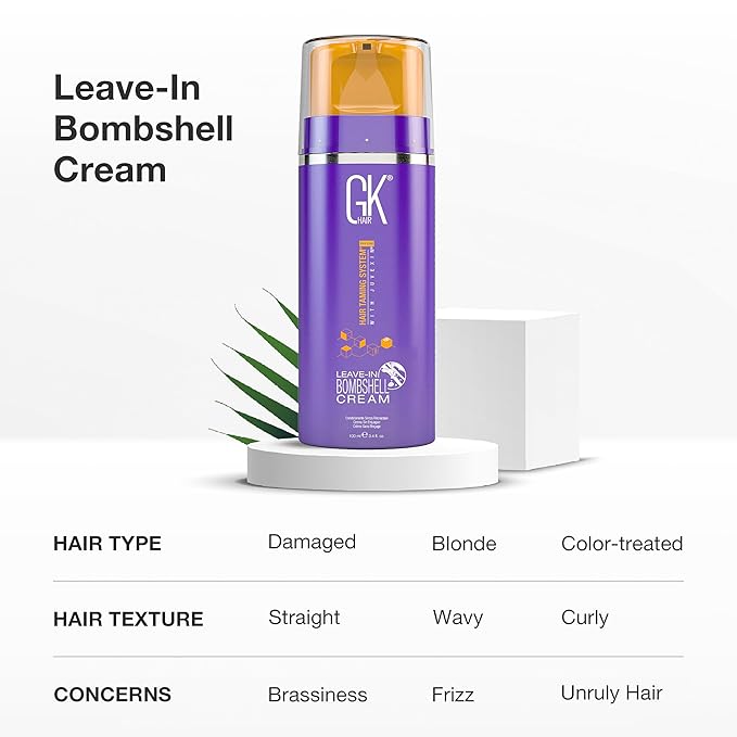 GK HAIR Global Keratin Leave In Bombshell Purple Cream (3.4 Fl Oz/100ml) Conditioning Smoothing Moisturizing Hydrating Frizz Control for Blonde Damaged Hair Removes Yellow Brassy Tones Flyaways-VivaGrace Women