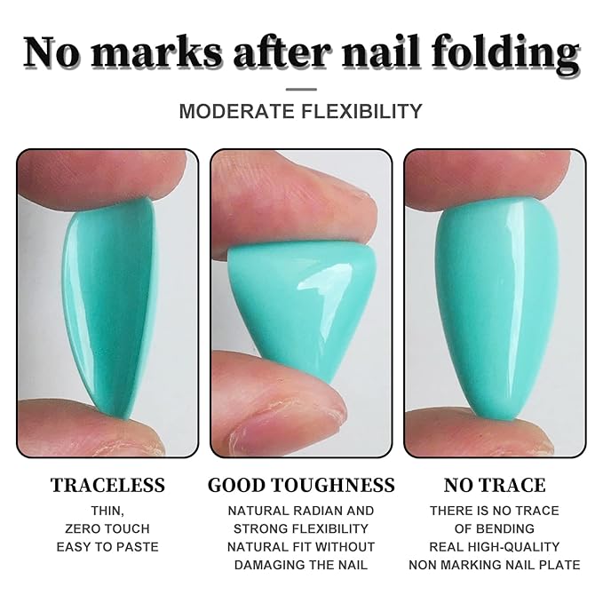 LoveOurHome 240pc Almond Press on Nails Medium Stiletto Fake Fingernails Full Cover False Artificial Nail Tips Blue Manicure Decor with Tabs for Women Girls