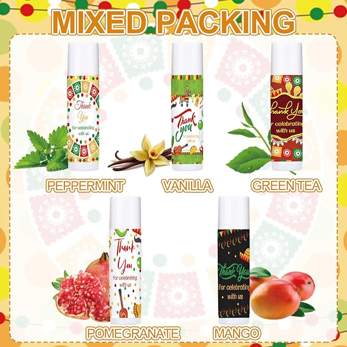 Dunzy 50 Pcs Thank You Gift Lip Balm Bulk Baby Shower Party Favors Bridal Shower Favor Lip Care with Assorted Fruit Flavors Thank You Lipstick for Guest Basket Gift Stuffer (Mexico Party)-VivaGrace Women
