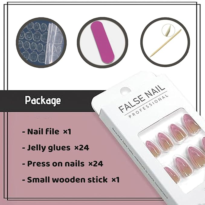 Ombre Pink Chrome Press on Nails Almond Medium Fake Nails with Mirror Designs Glossy Glue on Acrylic False Nails for Women and Girls