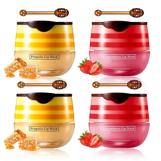 CAHIUYOA 4PCS Bee Lip Balm Honey Pot Honey & Strawberry Lip Balm Lip Mask Moisturizing Hydrating Honey Pot Lip Balm with Stick Prevention Dry & Cracked Lip Scrubs Exfoliator-VivaGrace Women