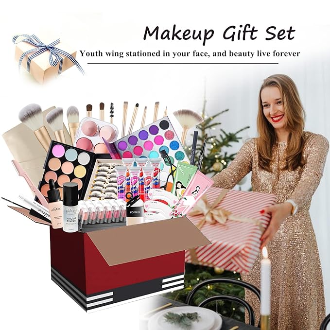 All-in-one Holiday Makeup Gift Set | Full Makeup Kit for Women Essential Starter Bundle Include Eyeshadow Palette Lipstick Blush Cream Concealer Face Powder Eyeliner Mascara Lipgloss Brush-VivaGrace Women