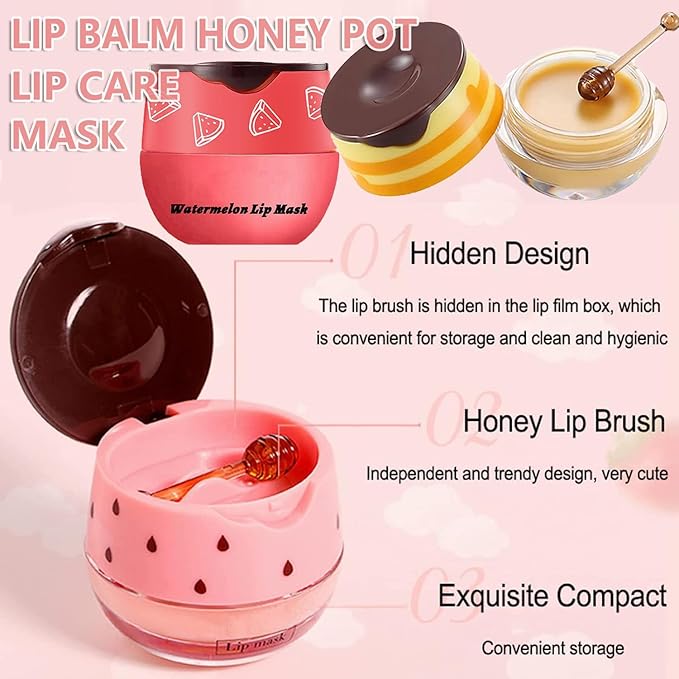 1PCS Bee Lip Balm Honey Lip Balm,Exfoliating Honey Pot Lip Balm Sleeping Lip Mask with Brush, Hydrating & Prevention Dry and Cracked, Lip Scrubs Exfoliator & Moisturizer-VivaGrace Women