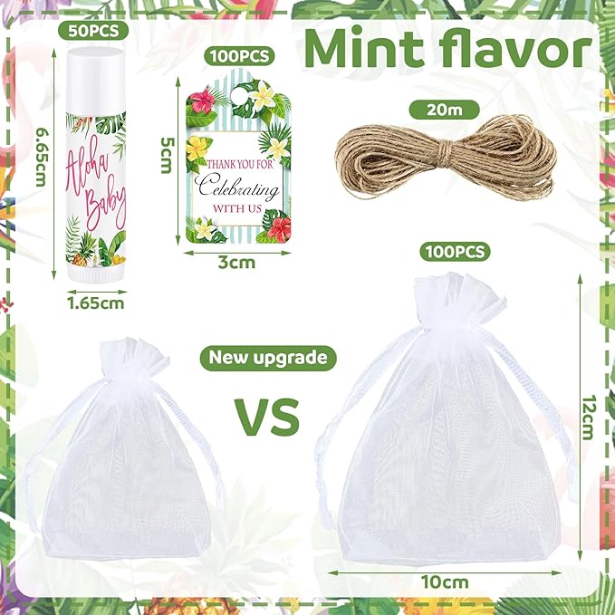 Demissle 50 Pcs Baby Shower Lip Balm Gift Set with 100 Pcs Organza Bags Baby Shower Party Favor for Guest Thank You Tag Rope Baby Shower Party Decoration Gender Reveal Souvenirs (Tropical)-VivaGrace Women