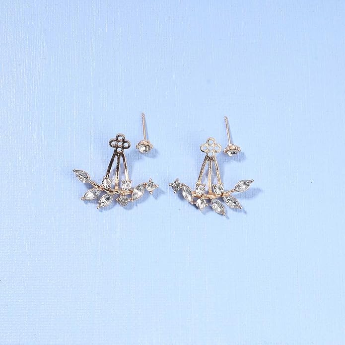 Boho Crystal Leaf Ear Jackets Earrings Gold Cz Crystal Earrings Rhinestone Front Back Studs Earrings Minimalist Earrings Jewelry for Women and Girls Gifts-VivaGrace Women
