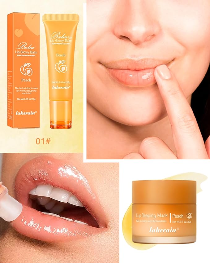 2Pcs Lip Glowy Balm & Lip Sleeping Mask Set,Hydrating Nourishing Repair Sleeping Lip Mask,Glossy Tinted Lip Balm,Day & Night Smooth Cracked Chapped Dry Lip,Lip Care Therapy Treatment for Women-01Peach-VivaGrace Women