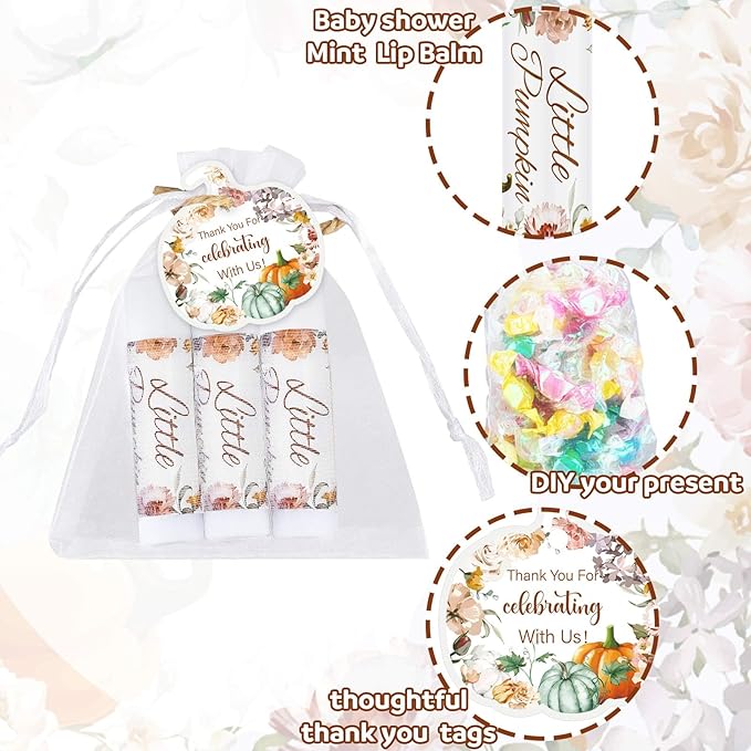Demissle 50 Pcs Baby Shower Lip Balm Gift Set with 100 Pcs Organza Bags Baby Shower Party Favor for Guest Thank You Tag Rope Baby Shower Party Decoration Gender Reveal Souvenirs (Pumpkin and Flowers)-VivaGrace Women
