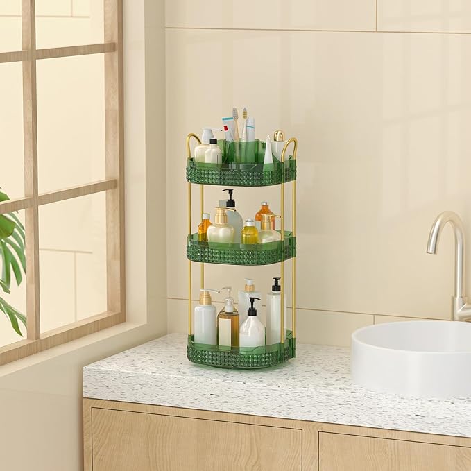 Rotating Makeup Organizer for Vanity 3 Tier, Perfume Organizer with Makeup Brush Holder, Large Capacity Cosmetics Clear Skincare Organizer for Countertop (Green)-VivaGrace Women