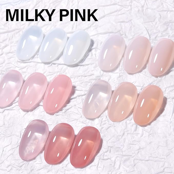 AILLSA 5+2 Nude Gel Polish Set Pink Milky White Jelly Gel Nail Polish with Base and Top Coat Neutral Sheer Colors Translucent Gel Polish for French Manicure Soak Off U V Gel Starter Kit DIY at Home