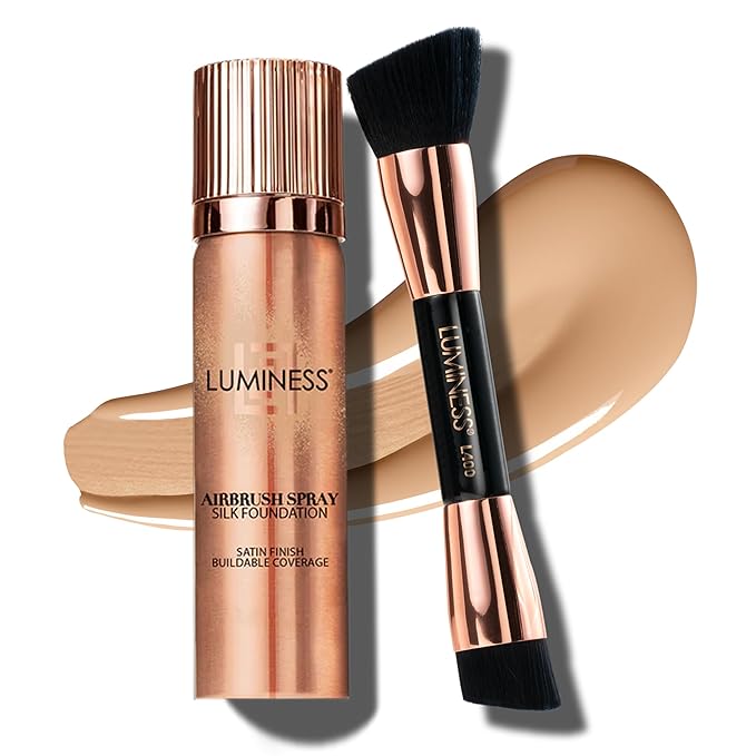 LUMINESS Silk Airbrush Spray Foundation 2-PC Kit - Foundation & Dual-Sided Angled Makeup Brush - Buildable Coverage, Anti-Aging Formula, Humidity Resistant, Hydrates & Moisturizes, Light Medium-VivaGrace Women
