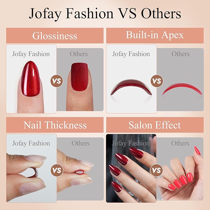 Red Press on Nails Almond, Jofay Fashion Soft Gel Fake Nails, Wine Red Glitter Press on Nails, Reusable & Natural Acrylic False Nails, Stick on Nails for Women Gift, Glue on Nails Kit 32 Pcs