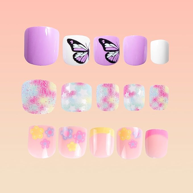 Kids Press on Nails Children Fake Nails 72PCS Artificial Nail Tips Adhesive Full Cover Short False Fingernails for Girls Kids Nail Decoration (Butterfly Flower Star)