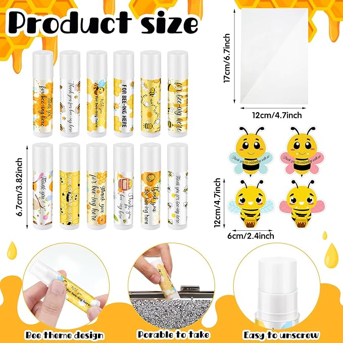 48 Sets Bee Lip Balm with Bee Themed Thank Card Tags Baby Shower Favor Bulk Bee Themed Gifts for Baby Shower Baptism Birthday Party Supplies Christmas Party-VivaGrace Women