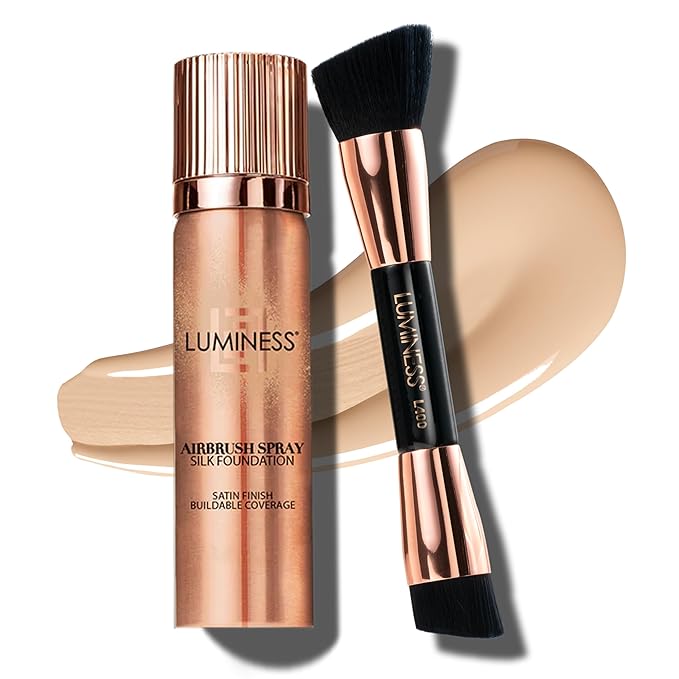 LUMINESS Silk Airbrush Spray Foundation 2-PC Kit - Foundation & Dual-Sided Angled Makeup Brush - Buildable Coverage, Anti-Aging Formula, Humidity Resistant, Hydrates & Moisturizes, Light Fair-VivaGrace Women