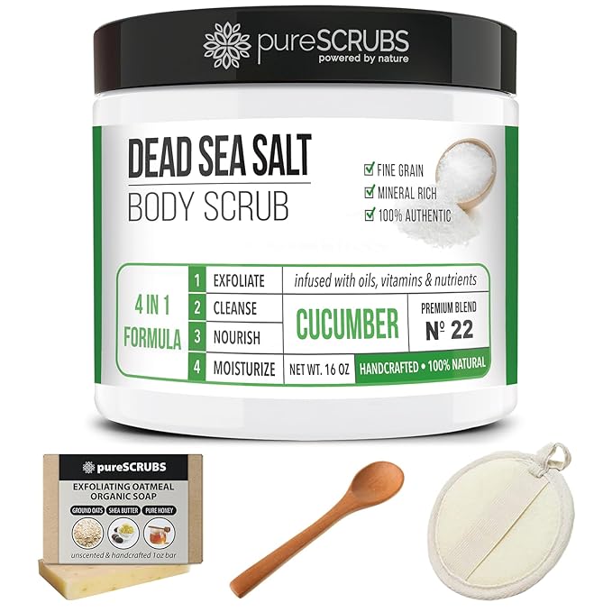 pureSCRUBS Premium Cucumber Body Scrub Set - Large 16oz Dead Sea Salt Body Scrub for Women Exfoliation KP Bump Eraser Body Scrub Includes Wooden Spoon, Loofah & Soap-VivaGrace Women