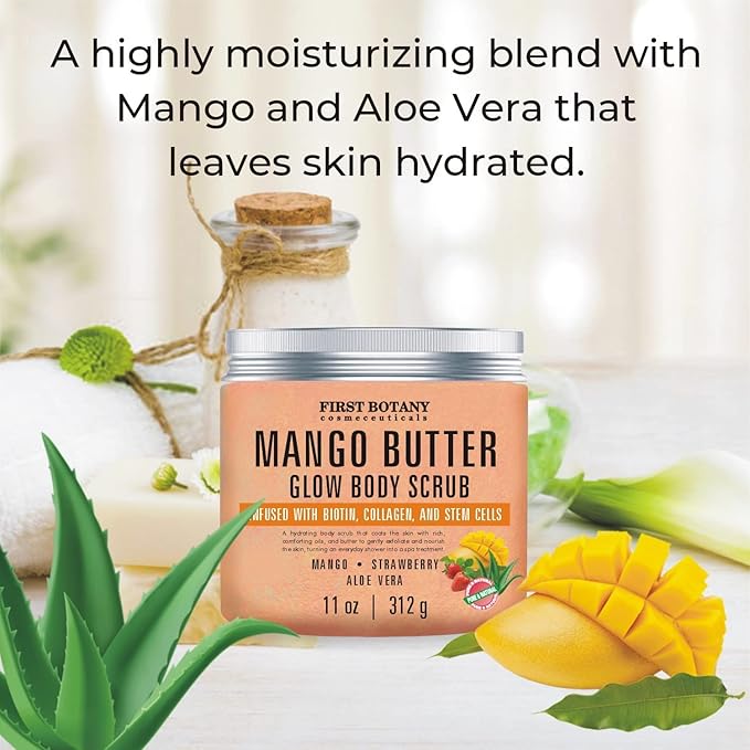 Mango Butter Body Scrub Exfoliator Biotin, Collagen, Stem Cells - Natural Exfoliating Salt Scrub & Body and Face Souffle helps with Moisturizing Skin, Acne, Cellulite, Dead Skin Scars, Wrinkles- 11 oz-VivaGrace Women
