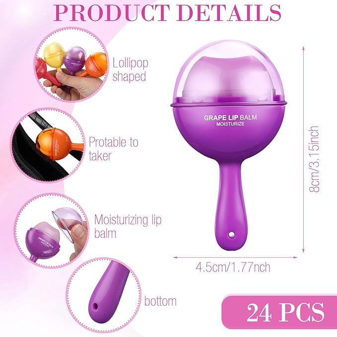 24 Pcs Lollipop Lip Balm Bulk Lip Balm Cherry Grape Orange Honey Taste Lip Balm Lip Care Gift for Women Soothing Moisturizing Lip Balms for Dry Chapped Lips Office Business Favors-VivaGrace Women