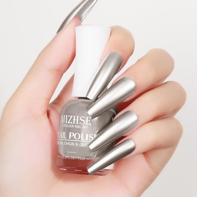 MIZHSE Quick Dry Chrome Nail Polish, Silver Mirror Nail Polish 15ml/0.5fl.oz, Air Dry Fast Mirror Metallic Effect for Fingernail Toenail Manicure Home