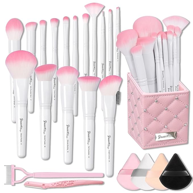 Bueart Design 16Pcs ULTRA SOFT labeled Makeup Brushes set with brush Holder face brush for Foundation Powder Blending Blush wooden Handle(16Pcs White+Pink Holder)-VivaGrace Women
