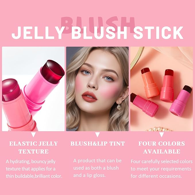 4 Pcs Jelly Blush Stick,Sheer Lip & Cheek Stain Makeup Cooling Water Jelly Tint, Multiple Use Long Lasting Jelly Texture Non-Stick Blush for Cheeks, Pigmented Waterproof Makeup Blush-VivaGrace Women