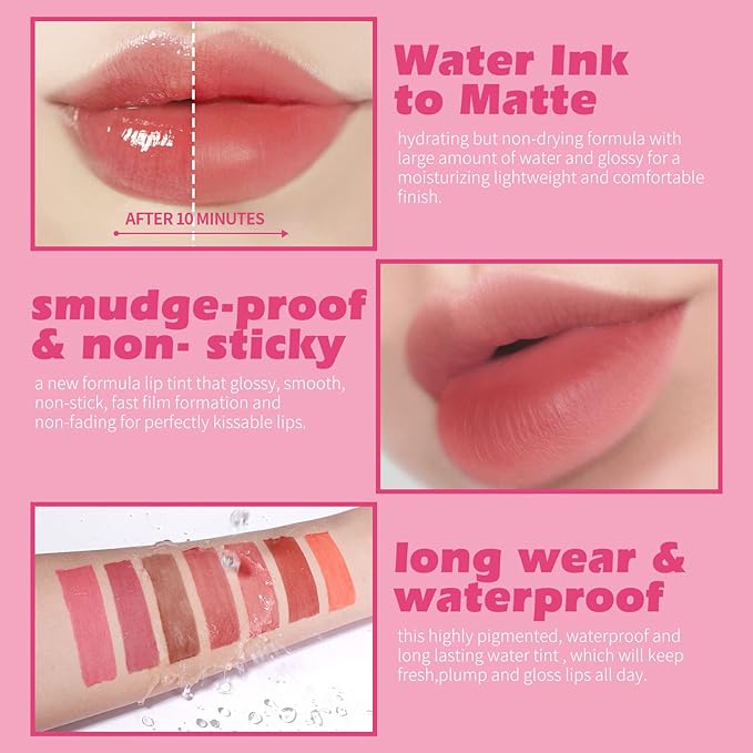 KIMUSE Water Gel Lip Tint 6 Colors Set, Highly Pigmented Long Lasting Moisturizing Glossy Lip Stains, Hydrate Lightweight Lip Gloss Makeup-VivaGrace Women