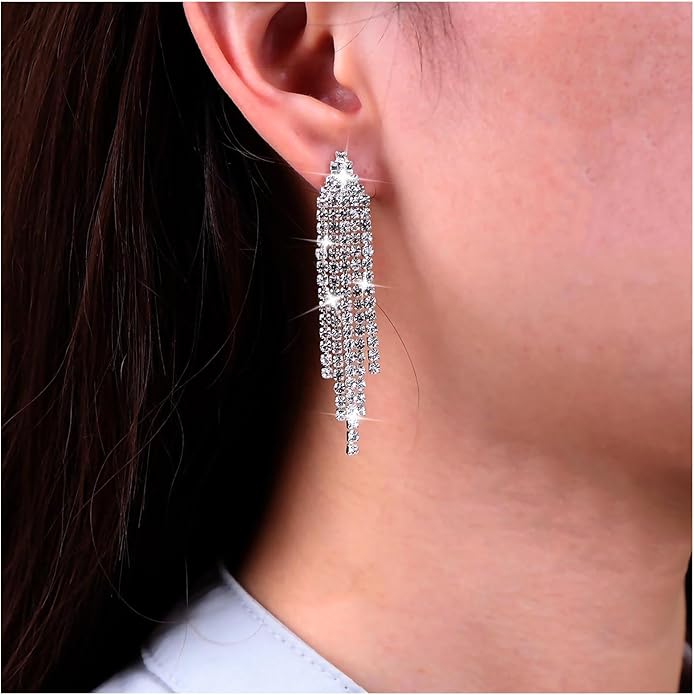 Vintage Rhinestone Chandelier Tassel Earrings Crystal Chain Drop Earrings Gold Long Tennis Chain Earrings Shine Chandelier Bridal Earrings Jewelry for Women-VivaGrace Women